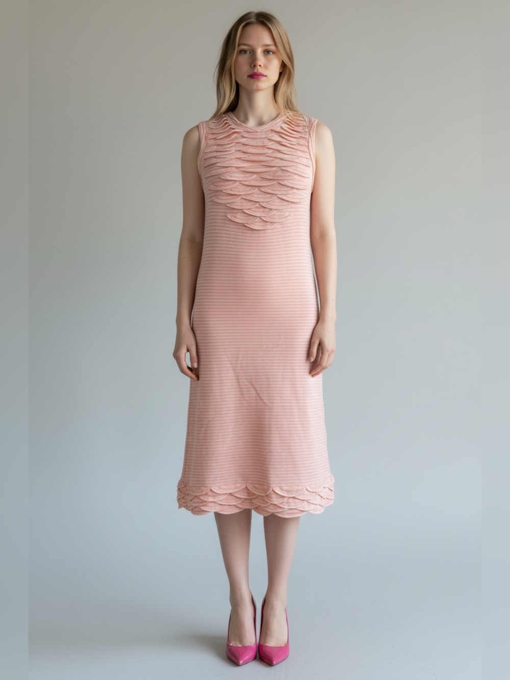 CHANEL Blush Pink Sleeveless Scallop-Detail Knit Dress